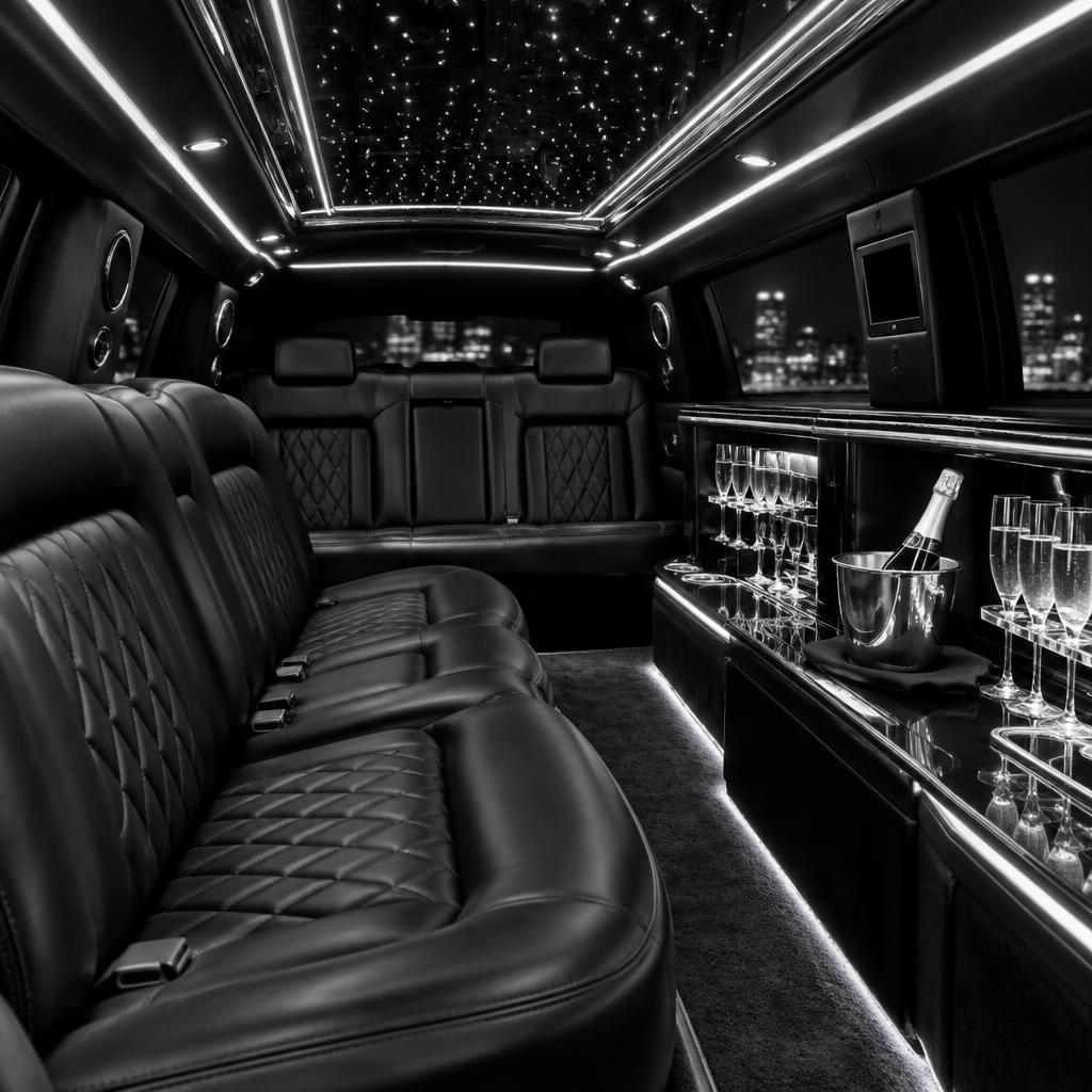 Leather limousine interior with champagne