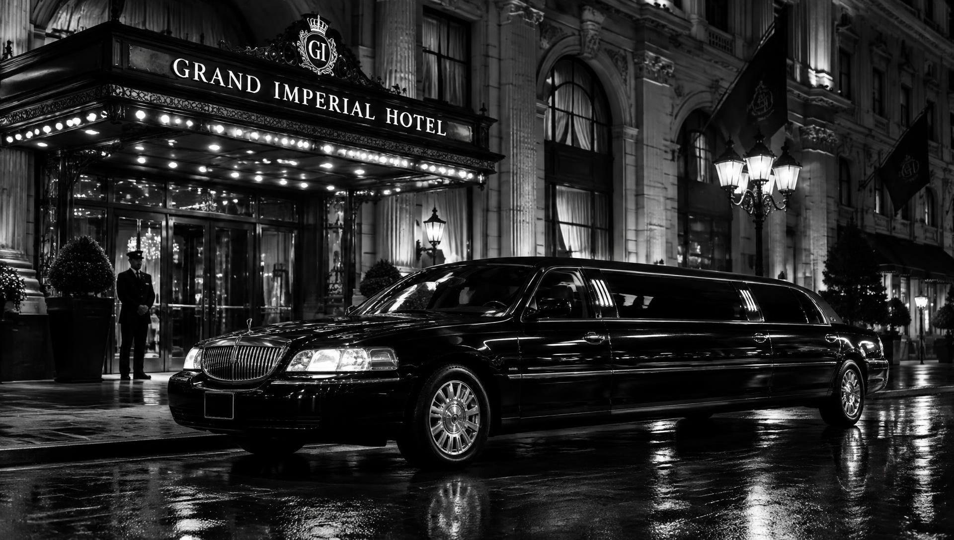 Black stretch limousine outside a grand hotel at night